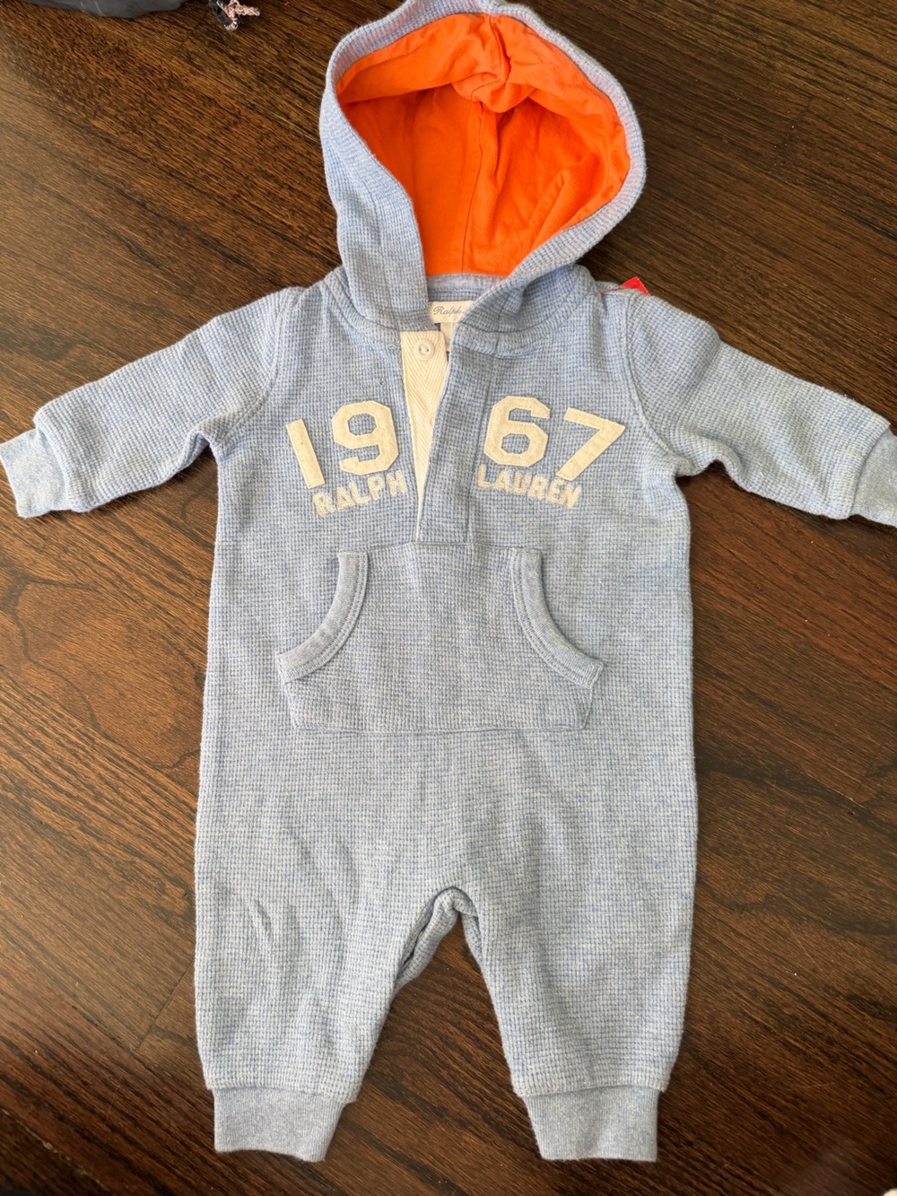 Ralph Lauren Light Blue Hooded Baby Romper with 67 Graphic